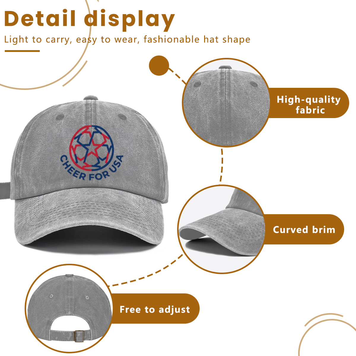 Detail diagram of washed cotton USA soccer fan baseball cap, premium soft breathable fabric, curved sun brim, adjustable metal buckle back strap