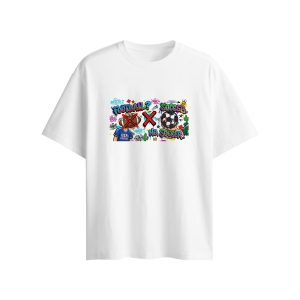 Flat lay product shot of white casual tee, vibrant street art print contrasting American football and soccer, attached 3D football decoration on front graphic