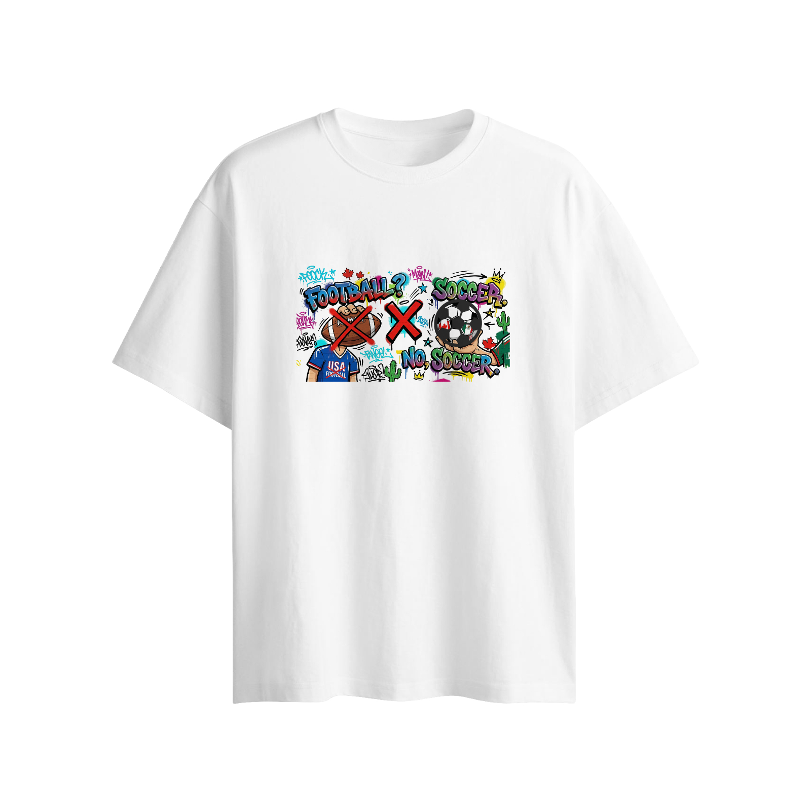 Flat lay product shot of white casual tee, vibrant street art print contrasting American football and soccer, attached 3D football decoration on front graphic