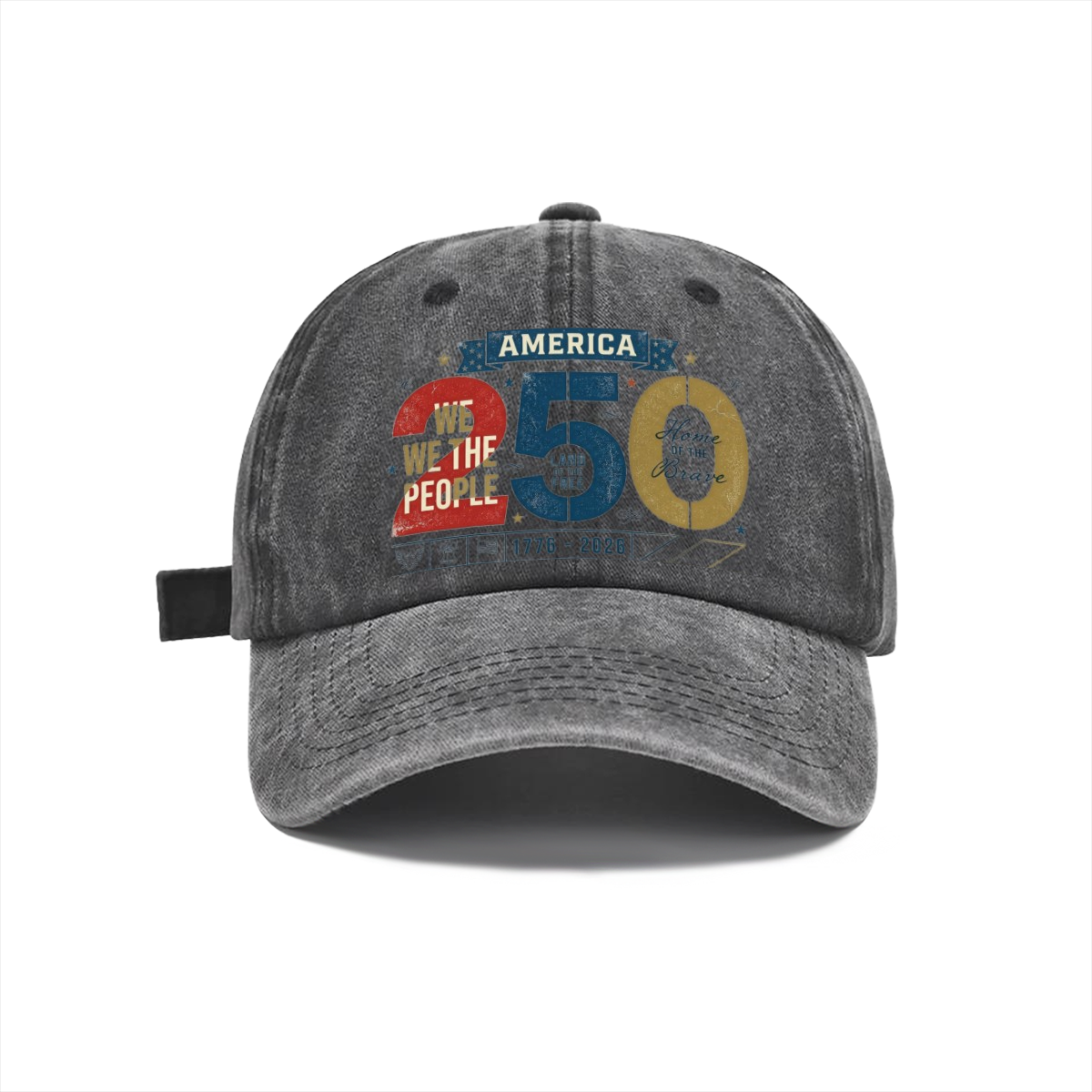Dark grey distressed cotton baseball cap with vintage America 250 constitutional quote graphic.