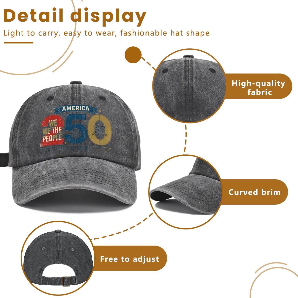 Cap detail diagram: premium washed fabric, curved brim and adjustable rear buckle closure.