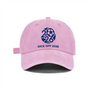 Light pink distressed cotton baseball cap, sleek merged 2026 soccer symbol graphic 2026 World Cup casual sports hat