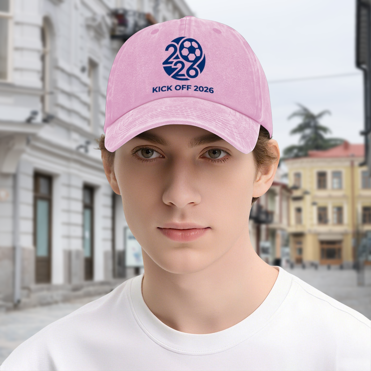 Male model wearing light pink 2026 World Cup minimalist vintage washed dad hat, casual everyday soccer fan street outfit