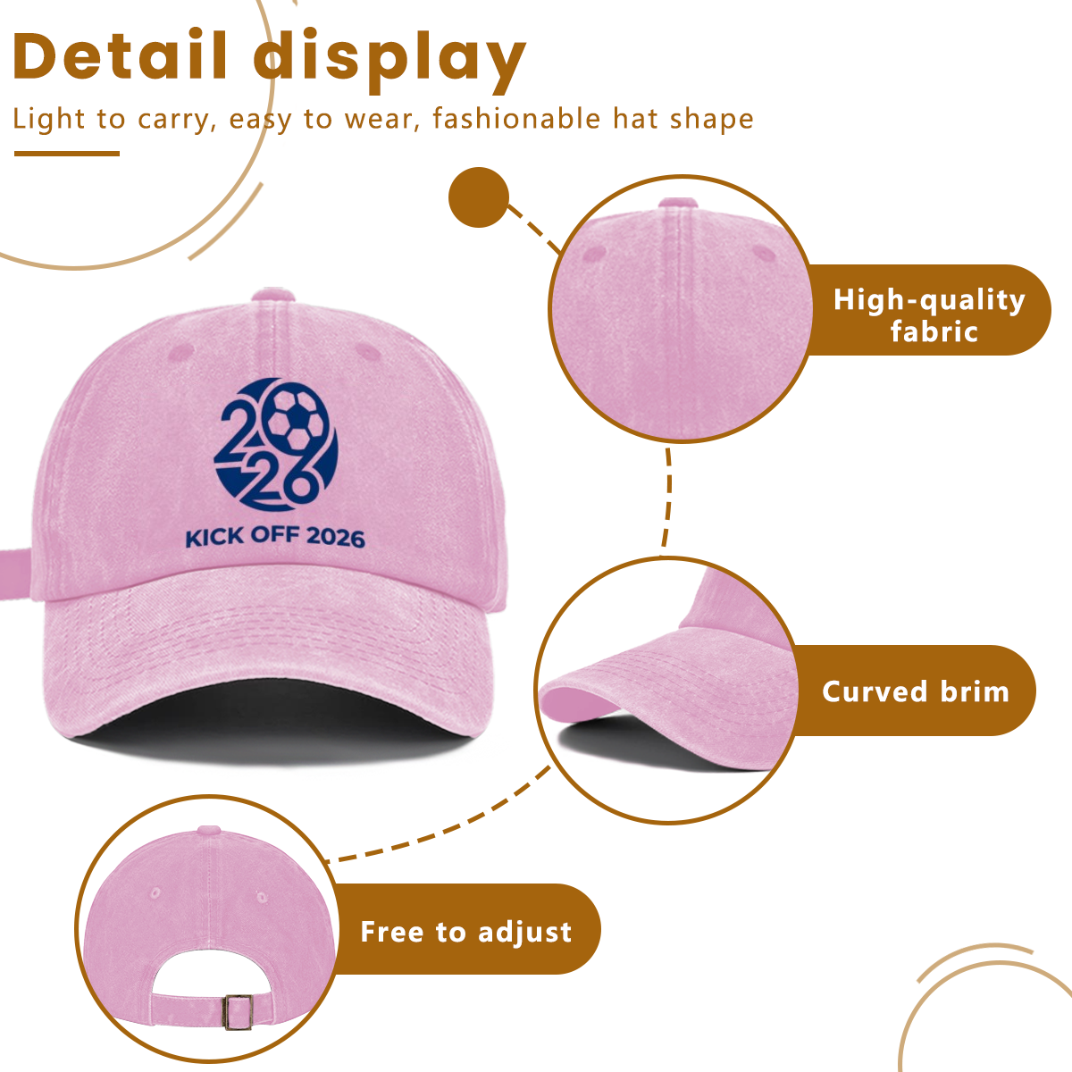 Detail diagram of washed cotton World Cup baseball cap, premium soft breathable fabric, curved sun visor, adjustable metal buckle back strap