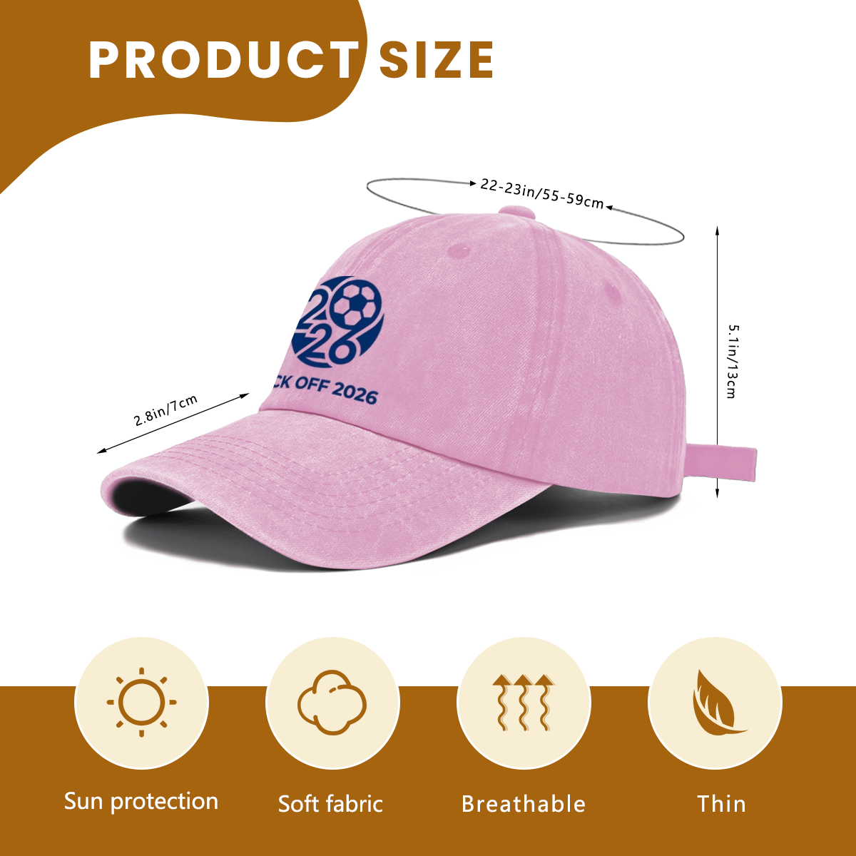 Size chart of 2026 Kick Off World Cup vintage dad hat, adjustable 55-59cm head circumference, lightweight sun protection cotton fan cap