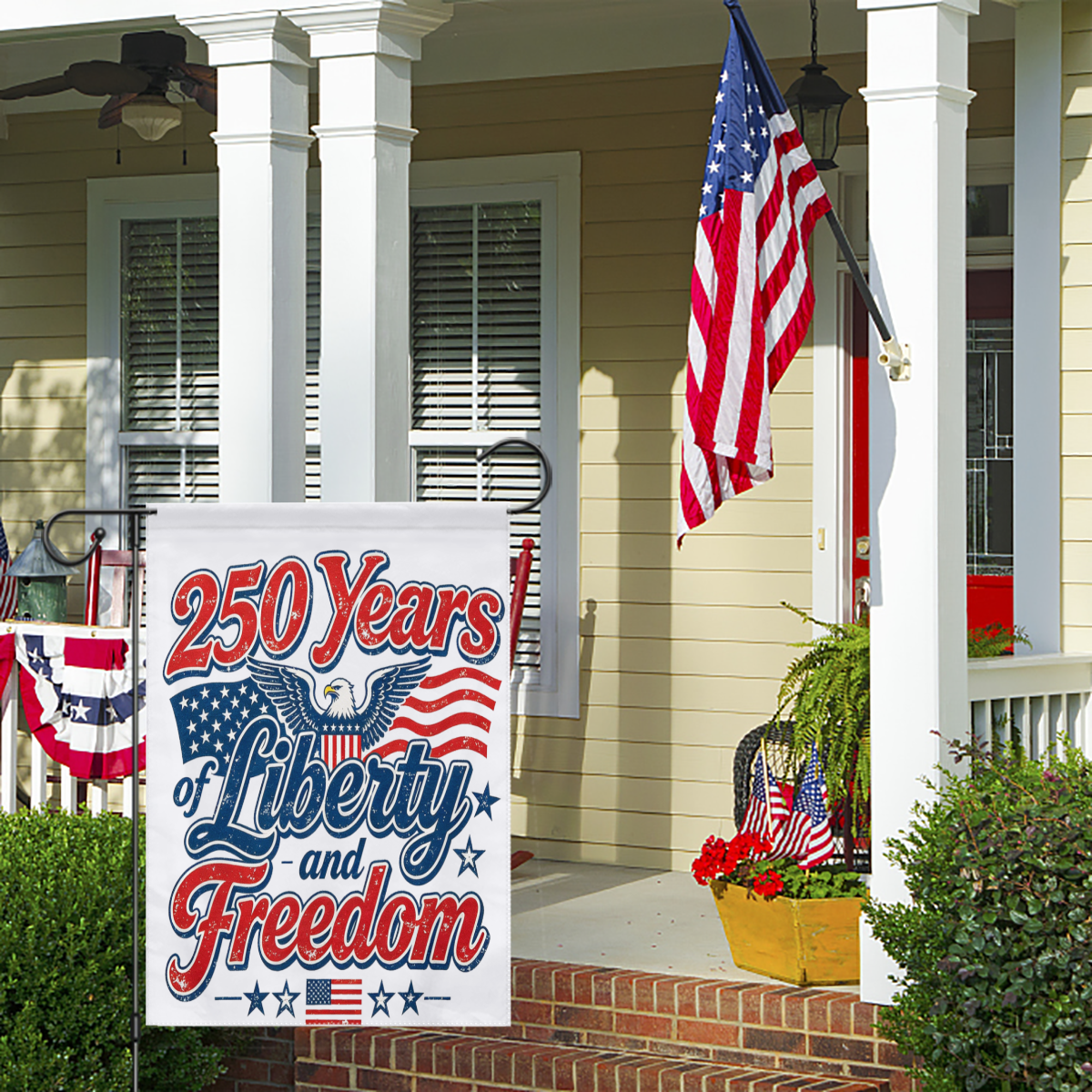 Lifestyle shot of the garden flag hanging on a porch, complementing a home’s 4th of July/anniversary decor