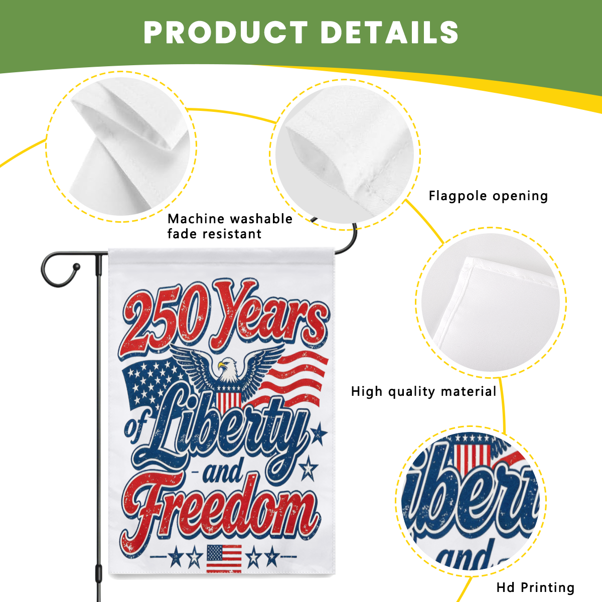 Product detail infographic showing the flag’s features: machine washable/fade resistant, flagpole opening, high-quality material, and HD printing