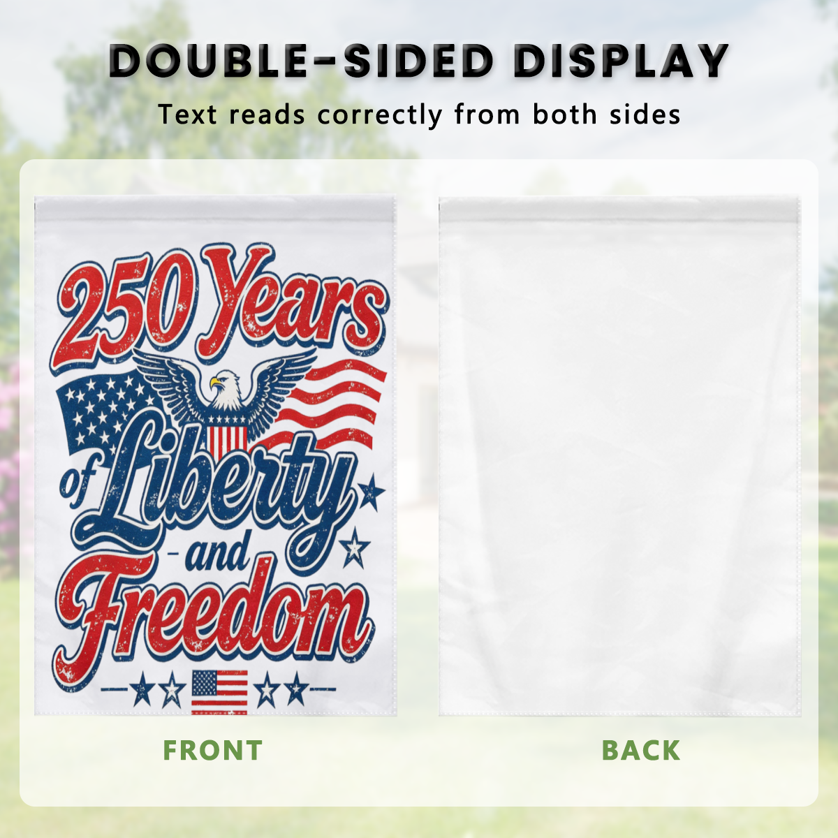 Double-sided display infographic showing the flag’s front and back, noting text reads correctly from both sides