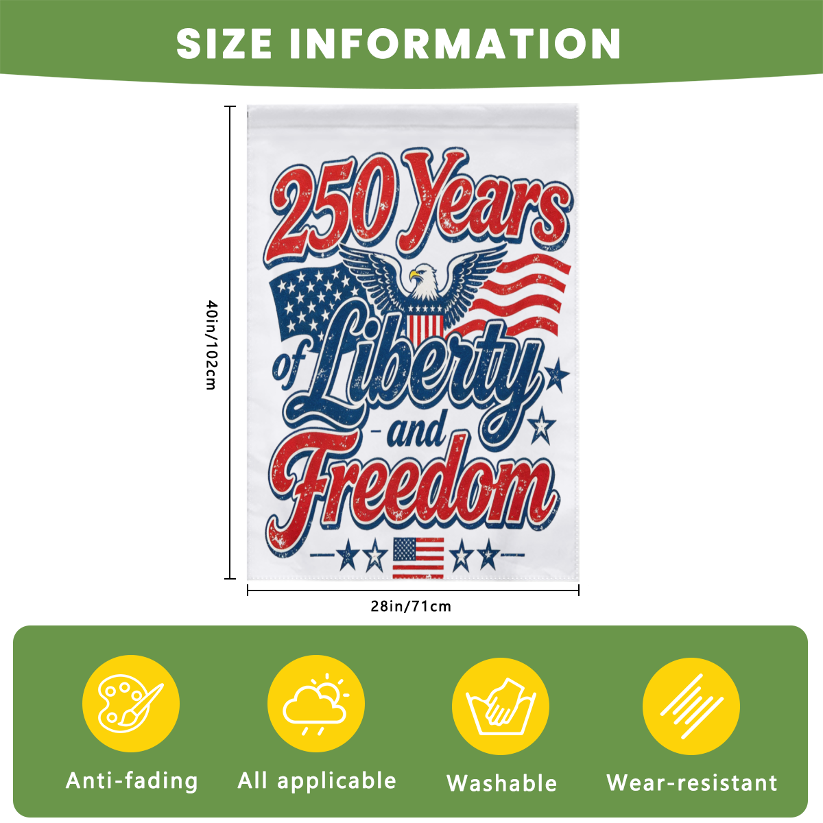 Size information infographic showing the flag’s dimensions (40in/102cm × 28in/71cm) and key benefits: anti-fading, weather-resistant, washable, and wear-resistant