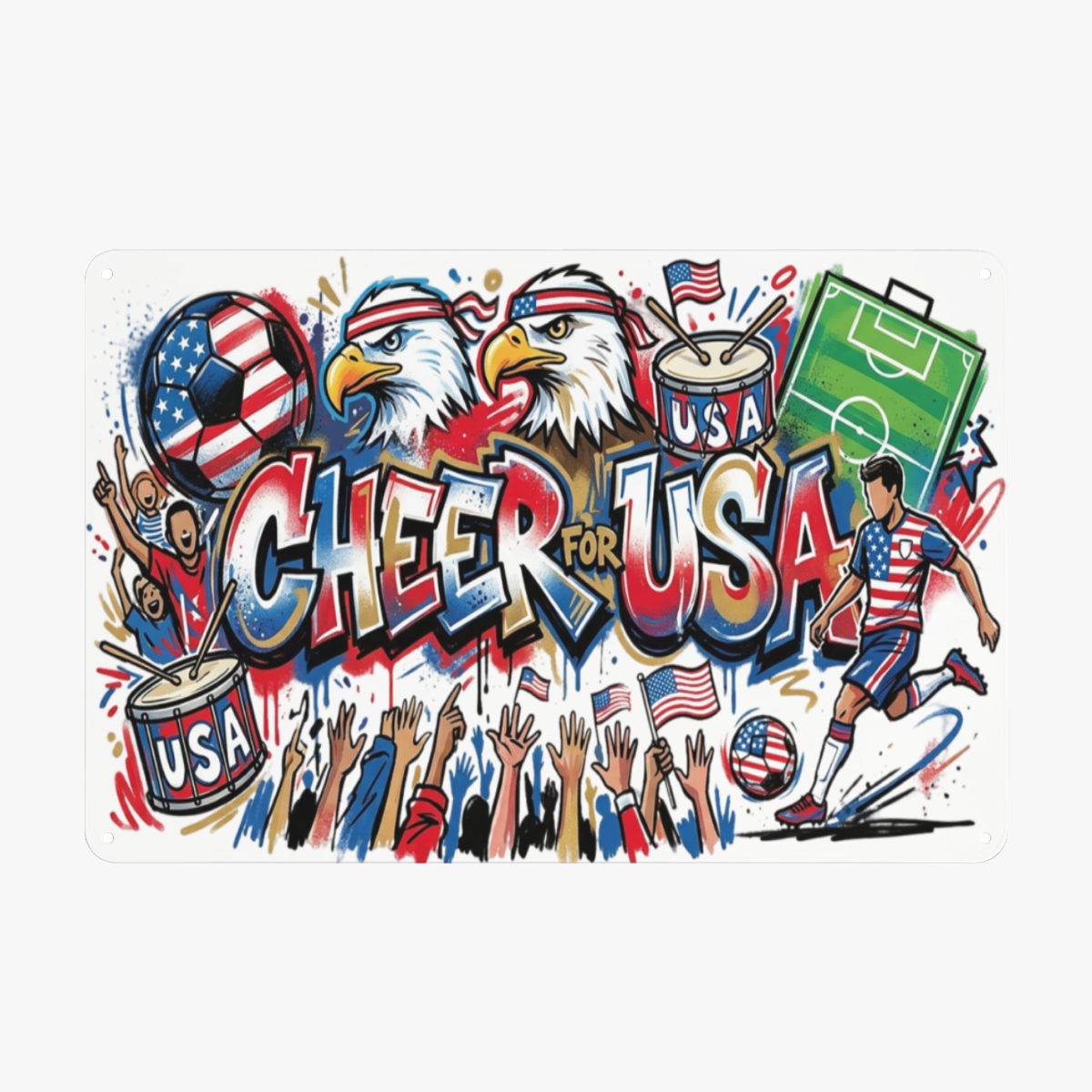 Graffiti Cheer For USA patriotic soccer tin sign with bald eagles, USA player, soccer ball & crowd graphic