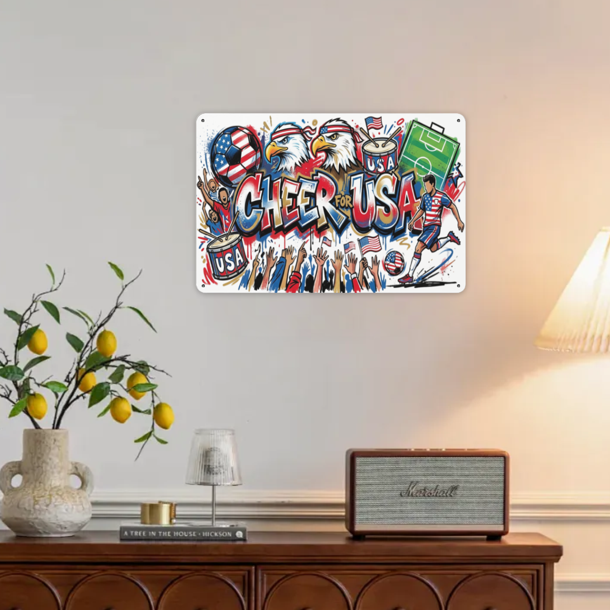 USA World Cup metal wall tin sign hanging on indoor living room wall home decor Feature chart: Waterproof rustproof fade-resistant Cheer For USA soccer tin sign with 4 pre-drilled mounting holes