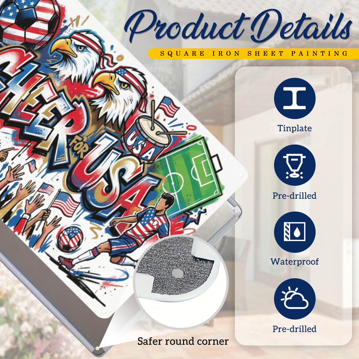 Round corner tinplate metal soccer wall sign, pre-drilled holes & durable waterproof surface