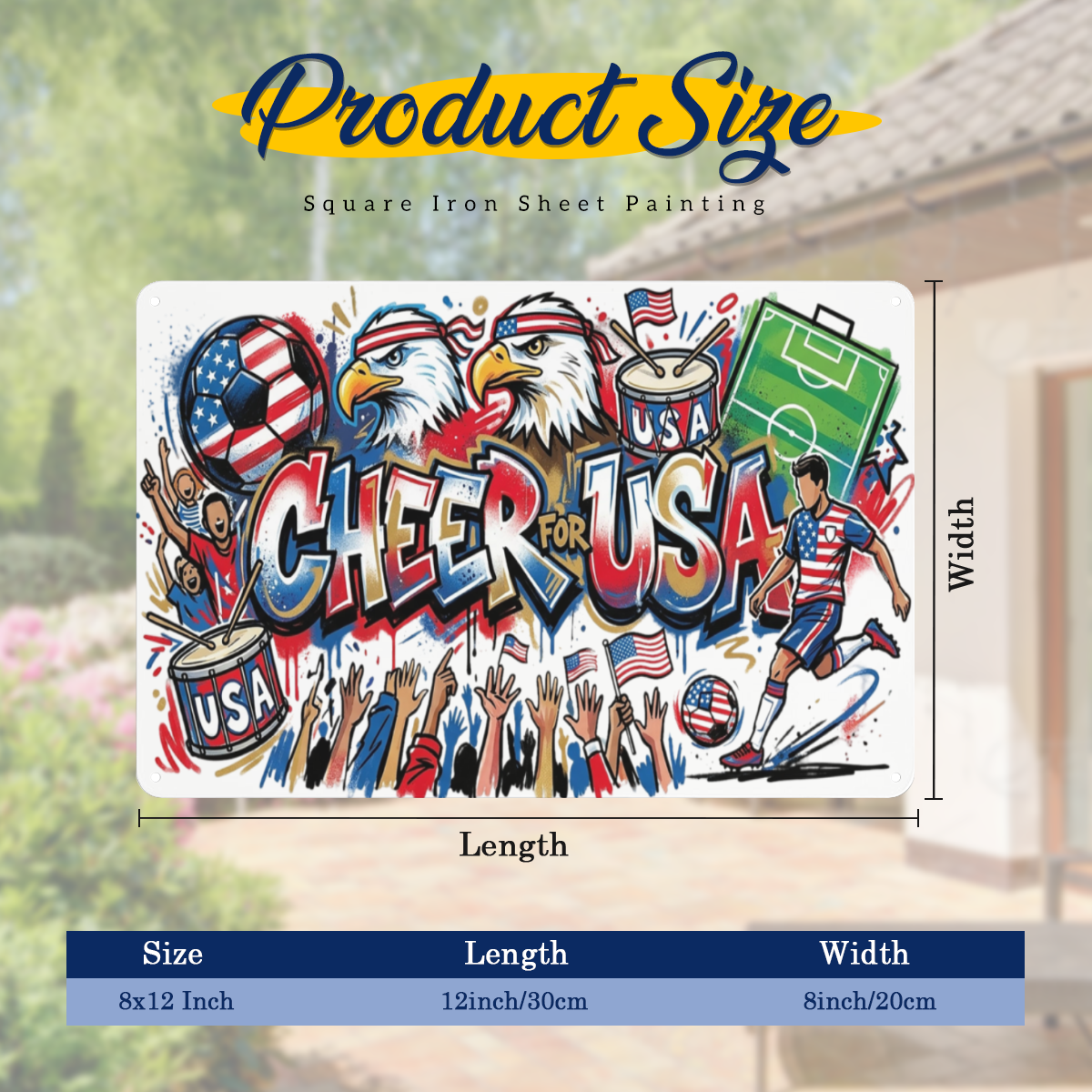 Cheer For USA World Cup soccer metal tin sign dimension diagram, 8x12 inch outdoor wall decor