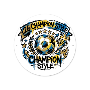 Front view of the round “26 Champion Style” aluminum sign, featuring a graffiti soccer ball, trophy, and blue/yellow print