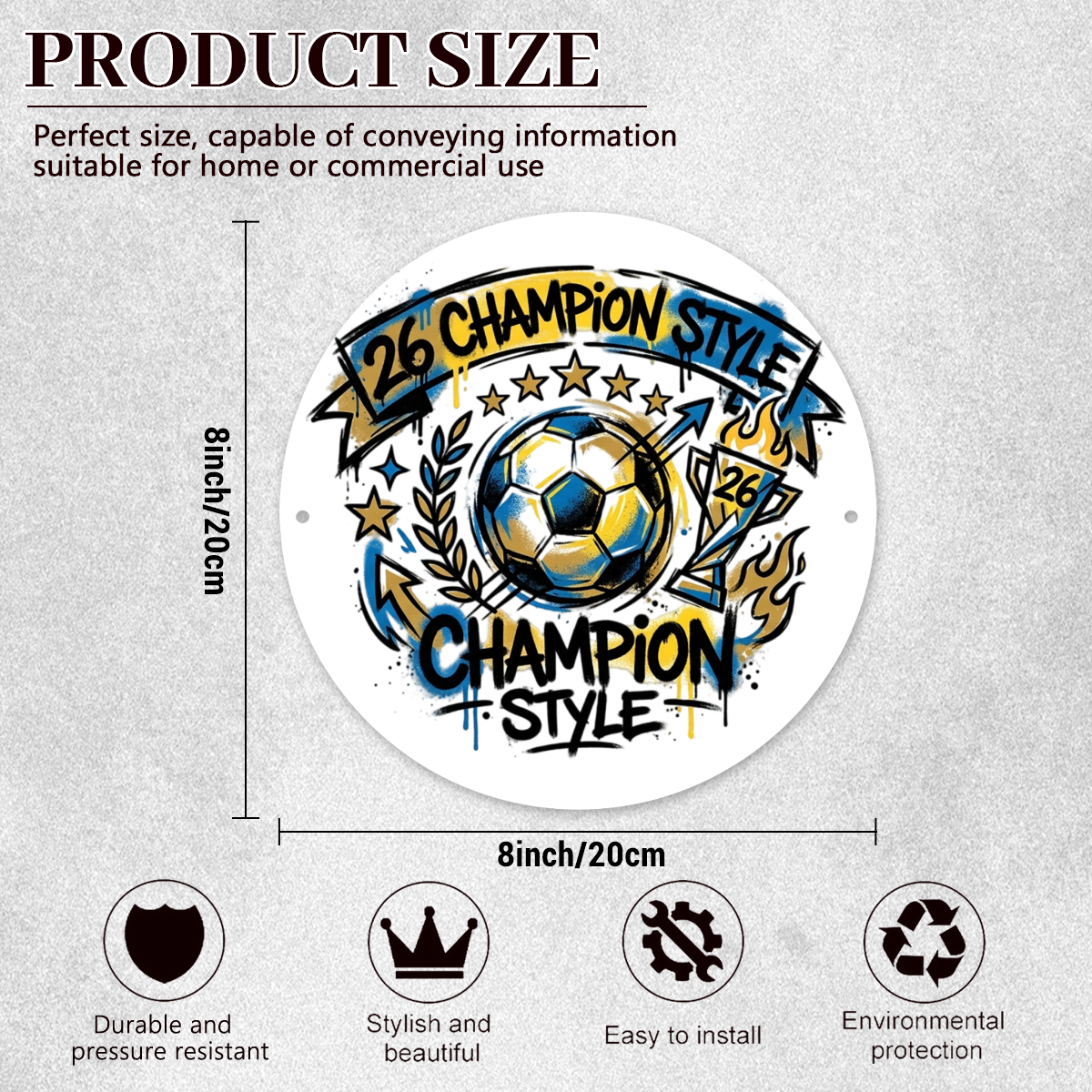 Size chart of the round aluminum sign, highlighting features: durable, stylish, easy to install, eco-friendly