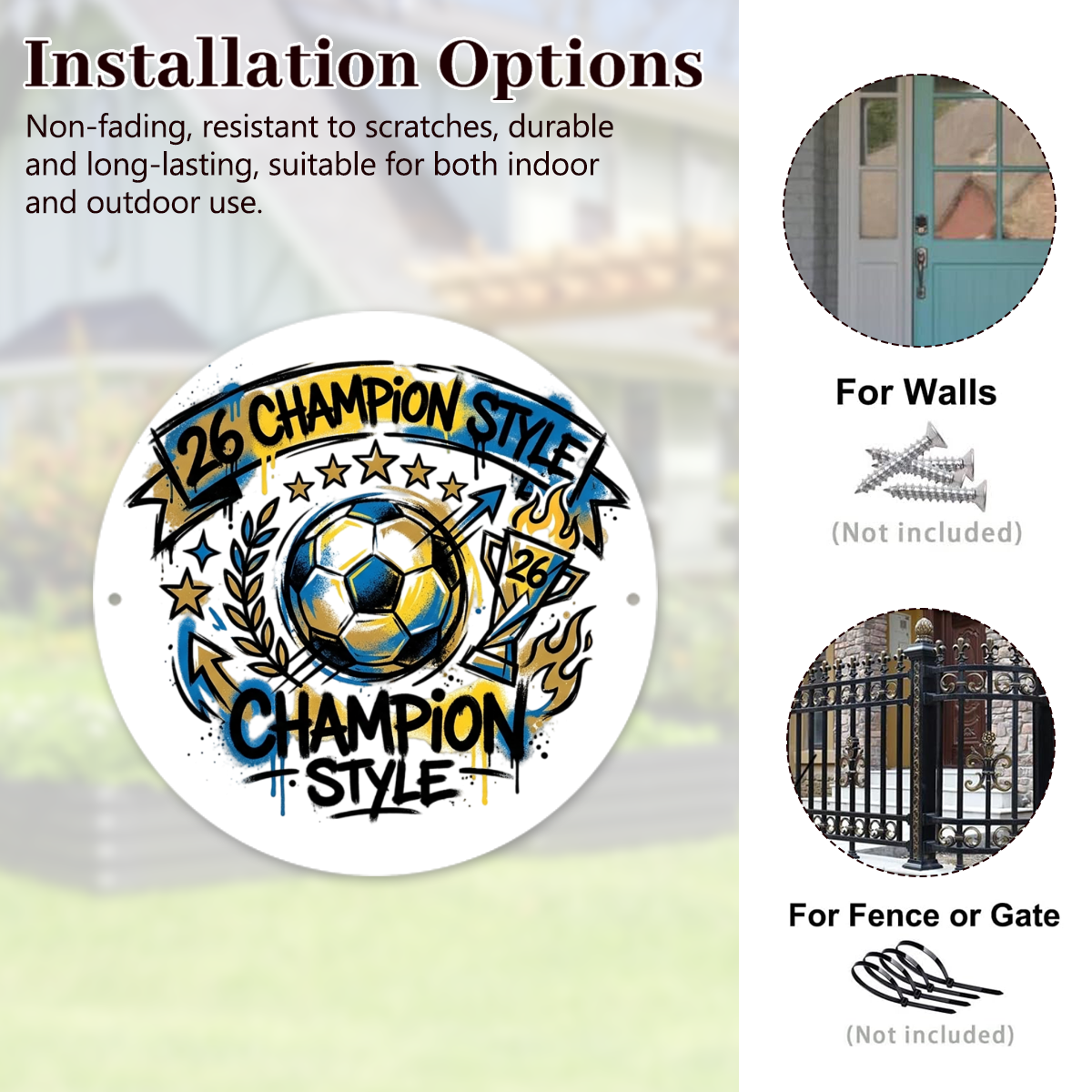 Installation options infographic for the sports aluminum sign, showing wall mounting and fence/gate mounting with screws or zip ties