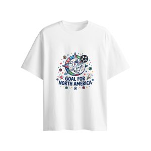 Flat lay white oversized crew neck tee, vibrant doodle star North America map graphic with confetti, heart, soccer decorations, slogan "GOAL FOR NORTH AMERICA", built-in 3D soccer ball ornament, 2026 World Cup host fan casual short sleeve top