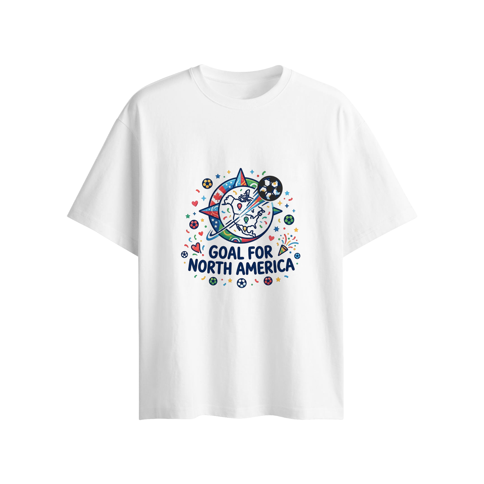 Flat lay white oversized crew neck tee, vibrant doodle star North America map graphic with confetti, heart, soccer decorations, slogan "GOAL FOR NORTH AMERICA", built-in 3D soccer ball ornament, 2026 World Cup host fan casual short sleeve top
