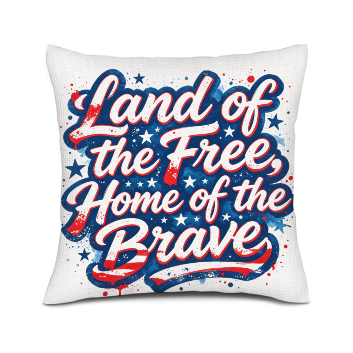 Close-up of the pillow cover featuring a vibrant graffiti-style "Land of the Free, Home of the Brave" print in red, white, and blue with stars and splatters.