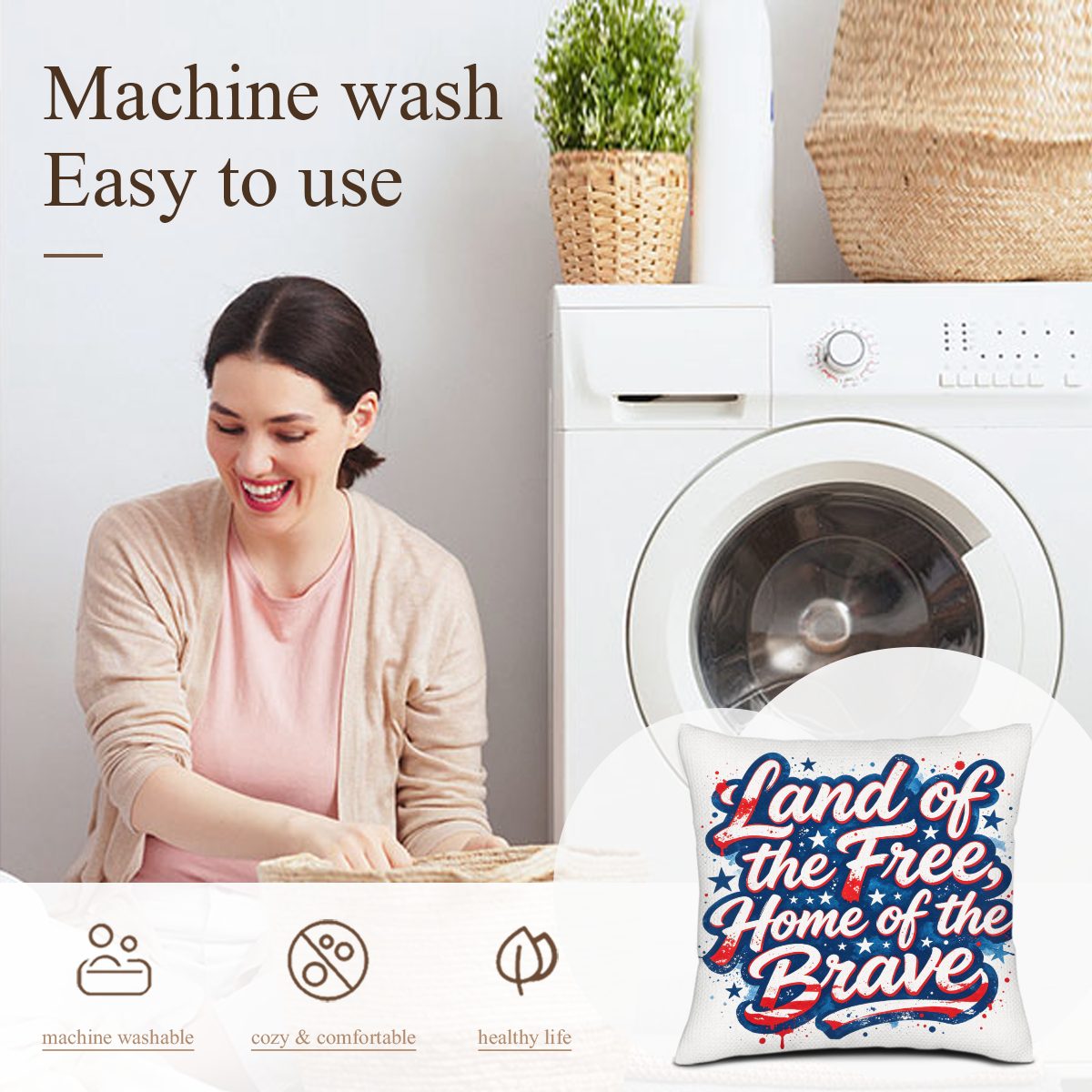 Washing care graphic highlighting that the pillow cover is machine washable, cozy, and healthy.