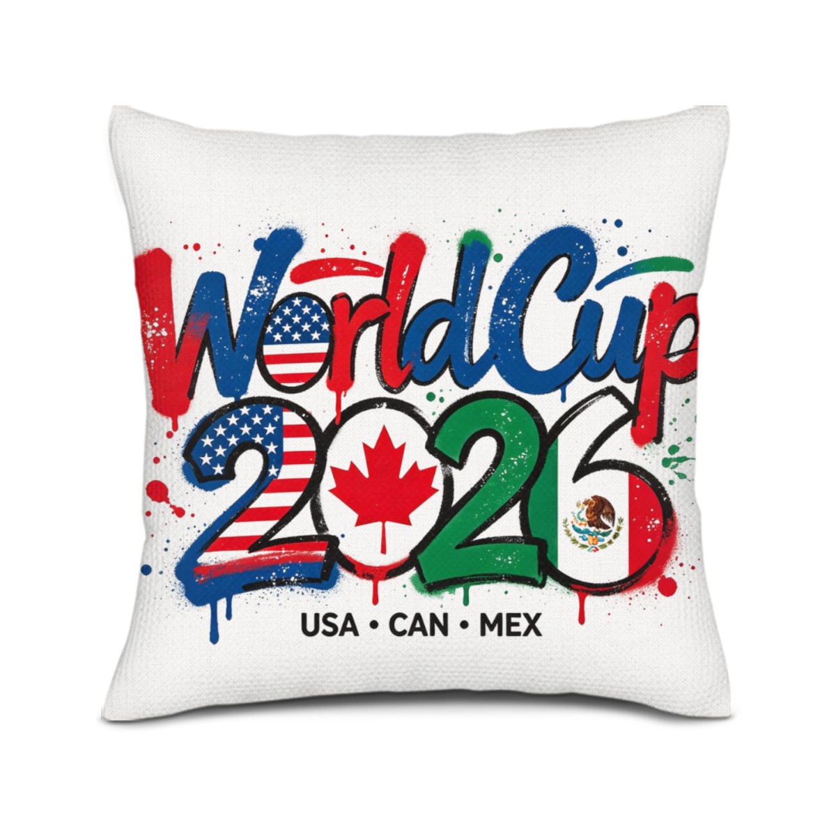 Close-up of the pillow cover featuring a vibrant graffiti print celebrating the 2026 World Cup, with "World Cup 2026" text and flags of the USA, Canada, and Mexico.