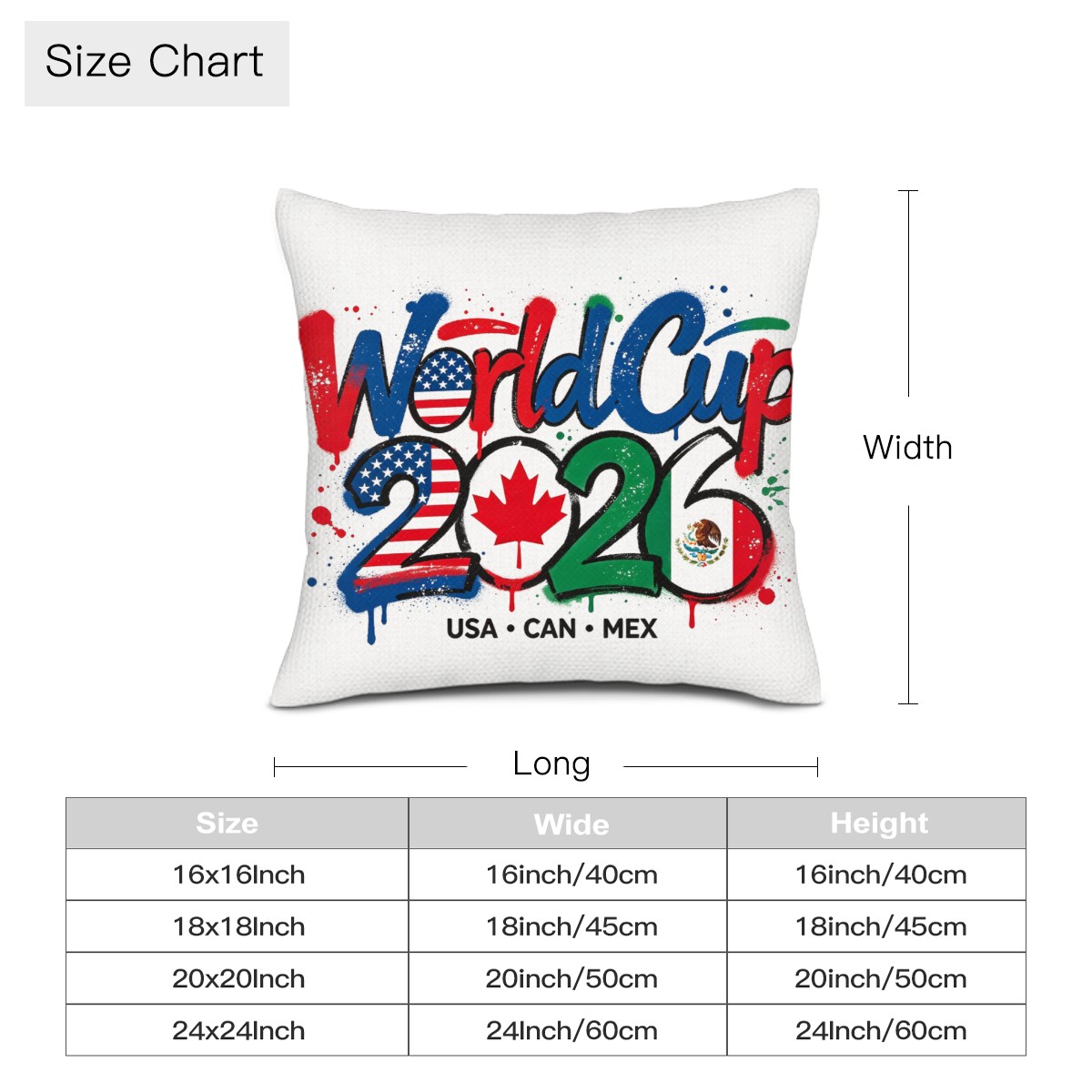 Size chart for the "World Cup 2026 USA CAN MEX" graffiti-style pillow cover, available in 16x16, 18x18, 20x20, and 24x24 inch sizes