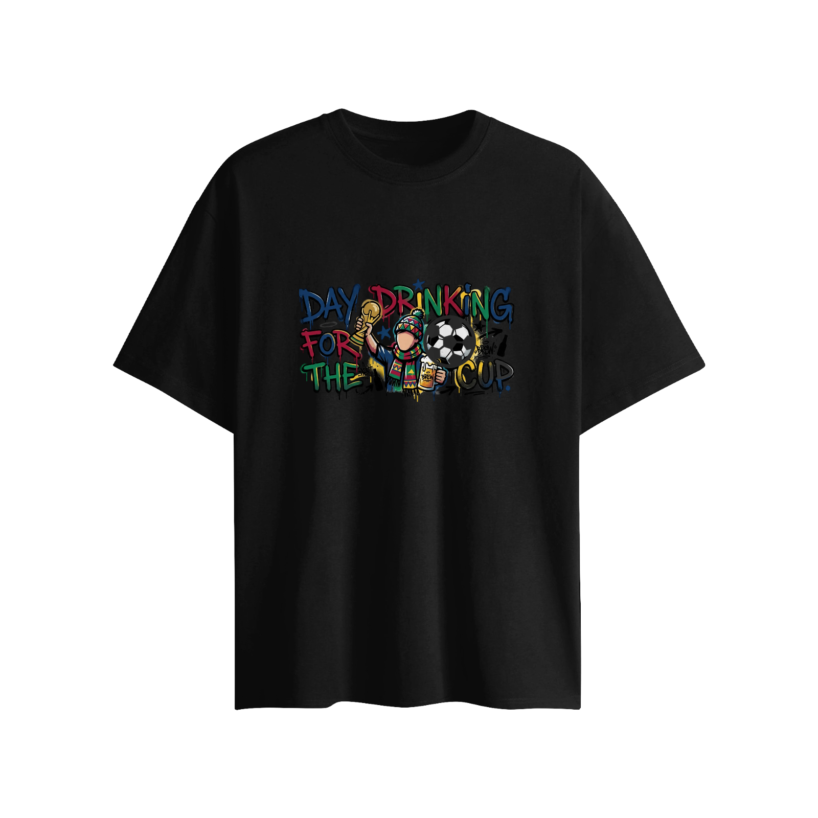 Flat lay shot of black oversized crew neck tee, colorful graffiti "DAY DRINKING FOR THE CUP" print with trophy, beer mug, cartoon fan figure and built-in 3D soccer ball ornament, World Cup casual fan top