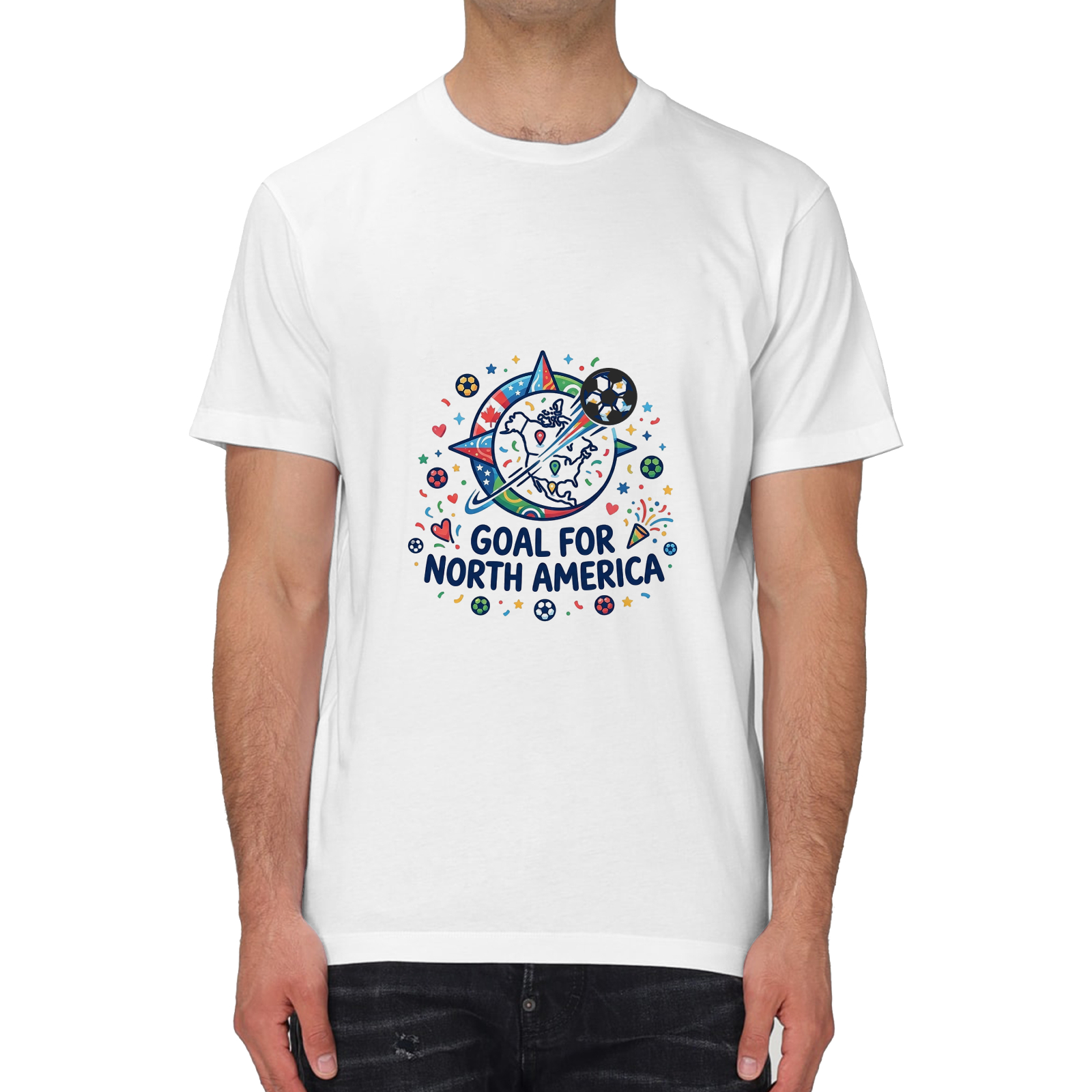 Male model lifestyle shot, white graphic tee with colorful celebration doodle map print and attached 3D football accessory, lively matchday streetwear outfit