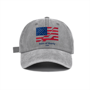 Light grey retro washed cotton cap, wavy star stripe American flag Born Of Liberty slogan print 1776-2026 America 250 anniversary casual sun hat