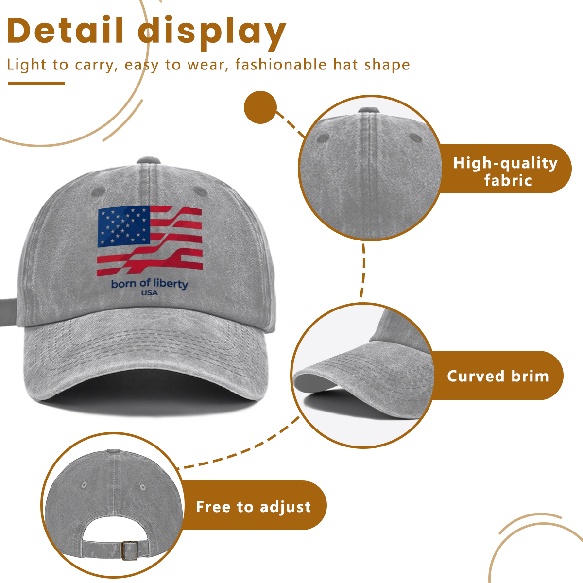 Detail chart of washed cotton patriotic cap, premium soft breathable fabric, curved UV-protection brim, adjustable metal buckle back strap