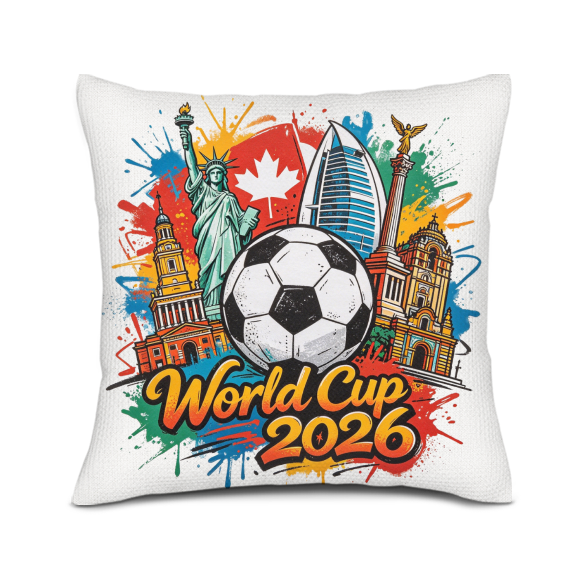 Close-up of the pillow cover featuring a vibrant graffiti print celebrating the 2026 World Cup, with host country landmarks (Statue of Liberty, Canadian flag, etc.), a soccer ball, and "World Cup 2026" text against a colorful splatter background.