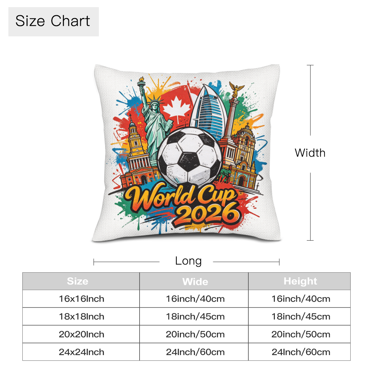 Size chart for the "World Cup 2026 Landmarks & Soccer" graffiti-style pillow cover, available in 16x16, 18x18, 20x20, and 24x24 inch sizes.