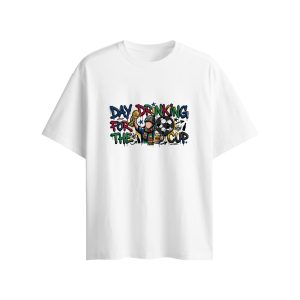 Flat lay white version tee, identical World Cup party graffiti graphic with matching fixed 3D football accessory on front
