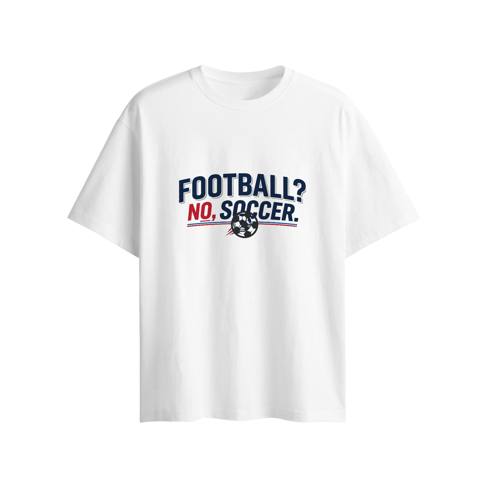 Flat lay shot of white loose-fit short sleeve t-shirt, minimalist "Football? No, Soccer." graphic with attached 3D football accessory