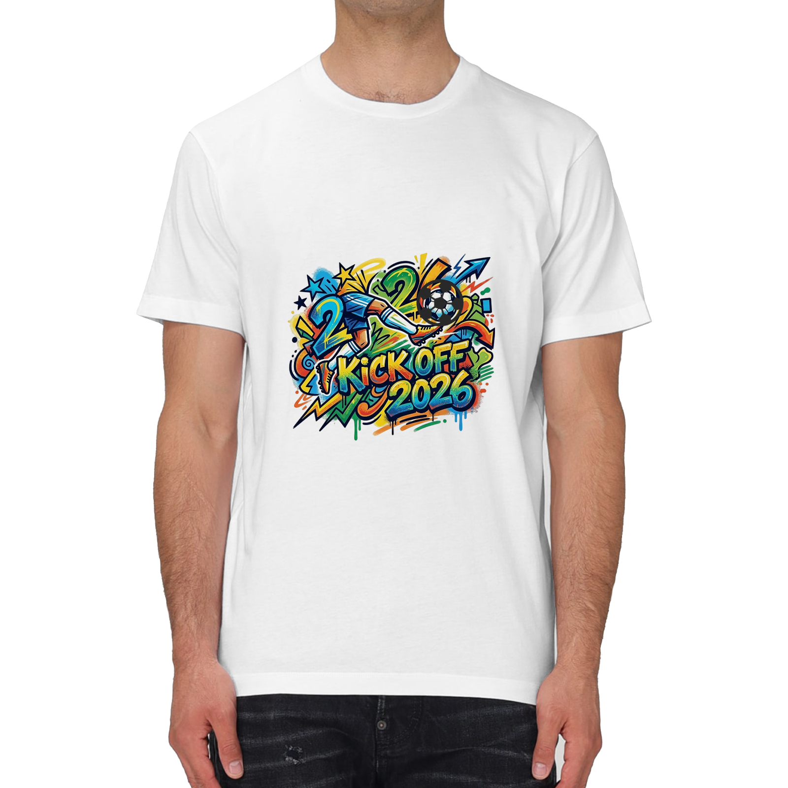 Man wearing white 2026 Kick Off soccer graffiti tee with 3D football pendant