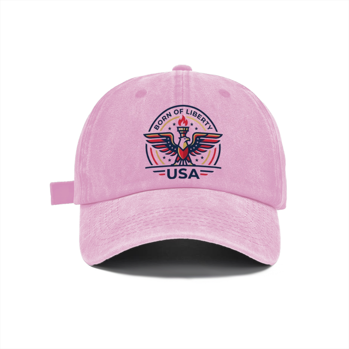 Soft light pink distressed cotton cap, majestic bald eagle liberty torch circular emblem semiquincentennial lightweight outdoor sun hat