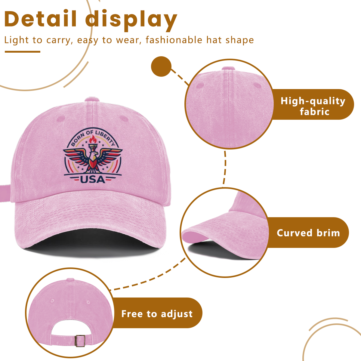 Feature breakdown chart of washed cotton patriotic cap, premium soft breathable fabric, curved UV-protection brim, adjustable metal buckle back strap