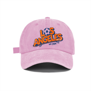 Front view of the light pink washed baseball cap, showing the full design and distressed finish