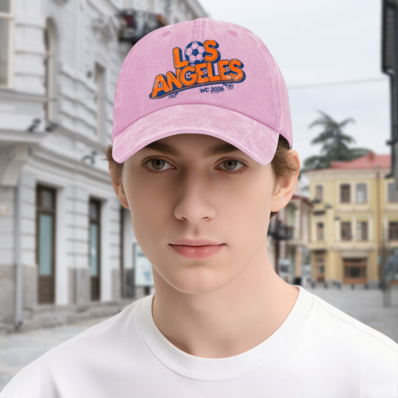 Lifestyle shot of the light pink “Los Angeles WC 2026” cap worn outdoors, demonstrating casual styling