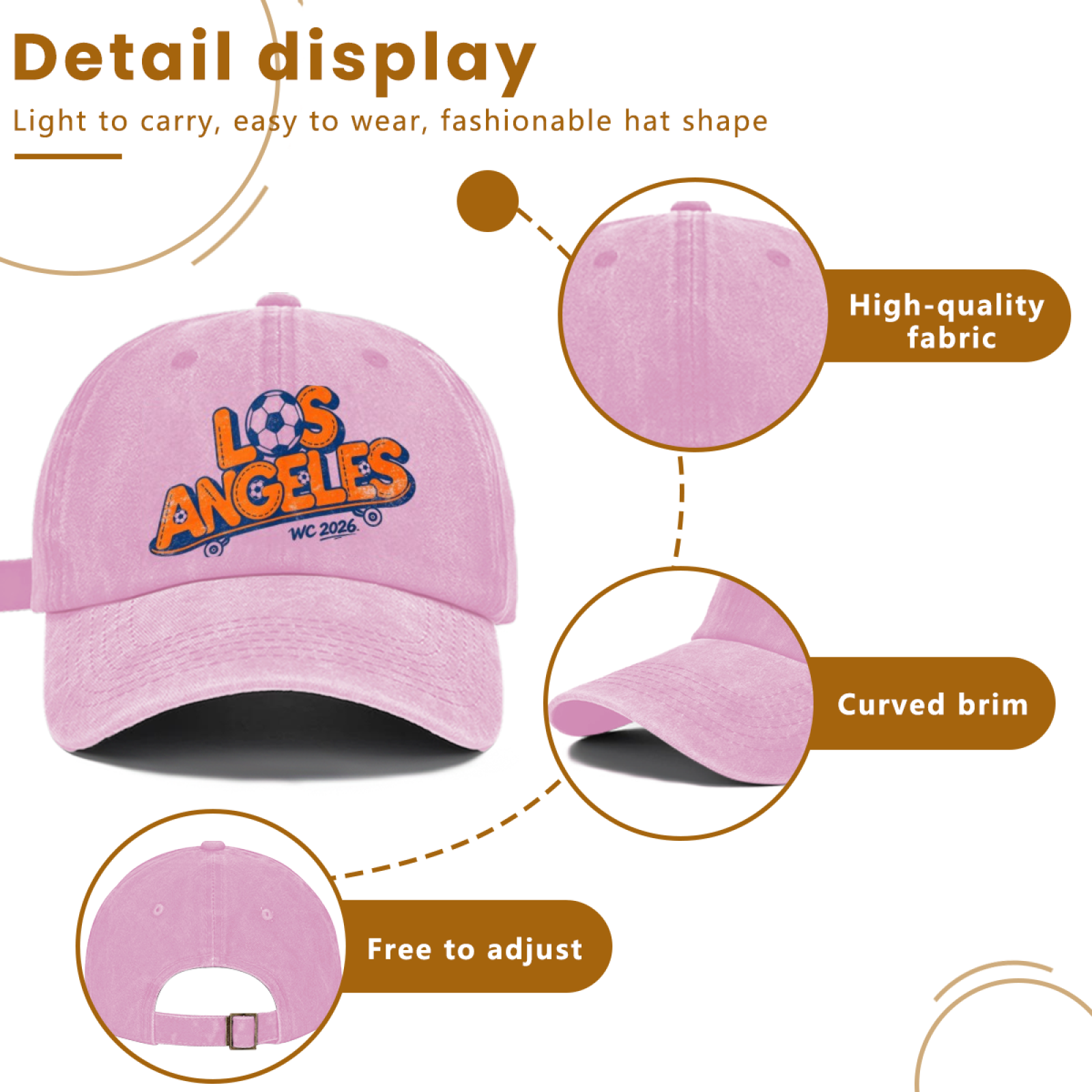 Detail display infographic highlighting the cap’s high-quality fabric, curved brim, and adjustable strap