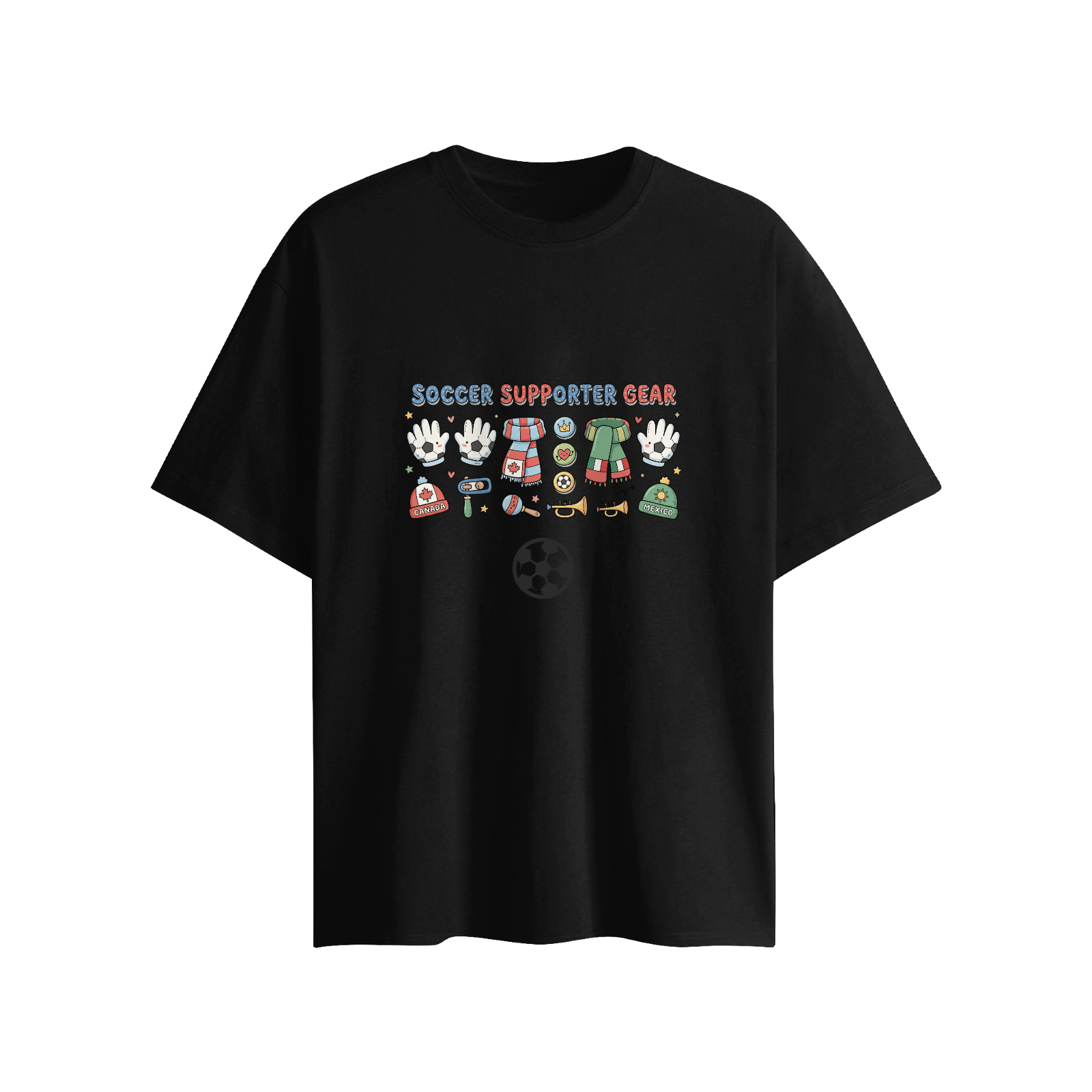 Flat lay of black loose short sleeve t-shirt, colorful hand-drawn supporter gear doodles, built-in 3D football decoration under the cartoon graphic