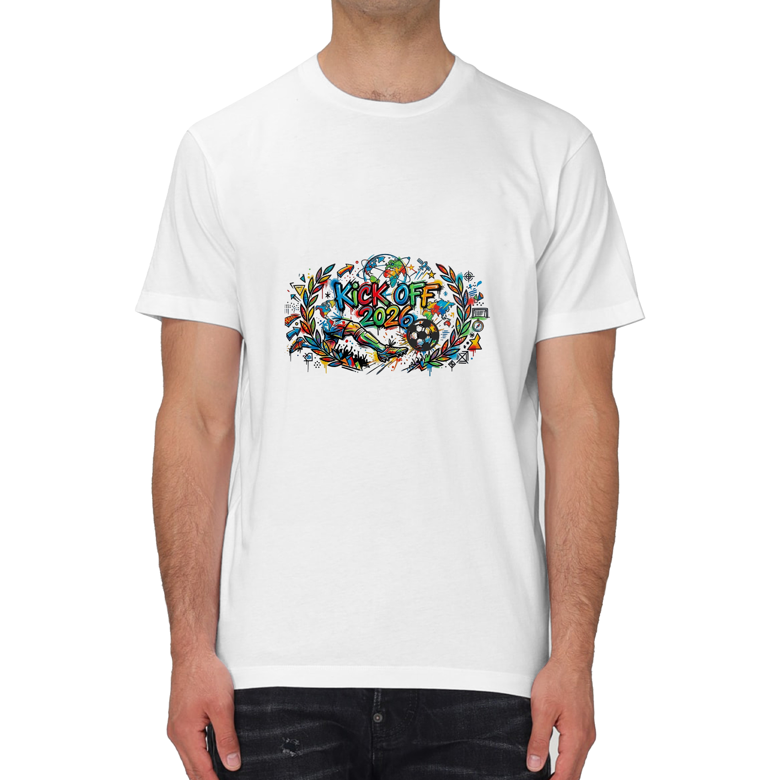 Male model wearing white Kick Off 2026 laurel wreath graffiti soccer tee with matching detachable 3D football accessory