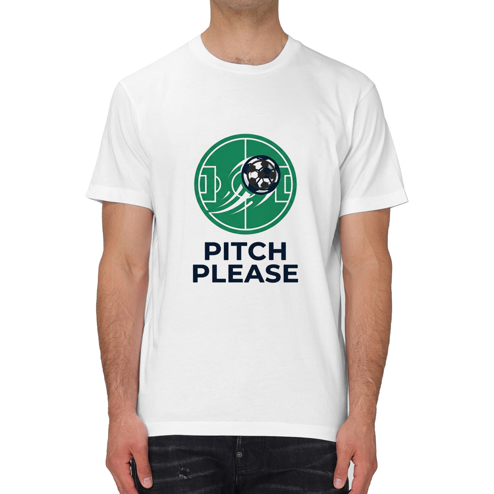 Male model lifestyle shot, wearing white World Cup graphic t-shirt with built-in 3D football accessory for casual street wear