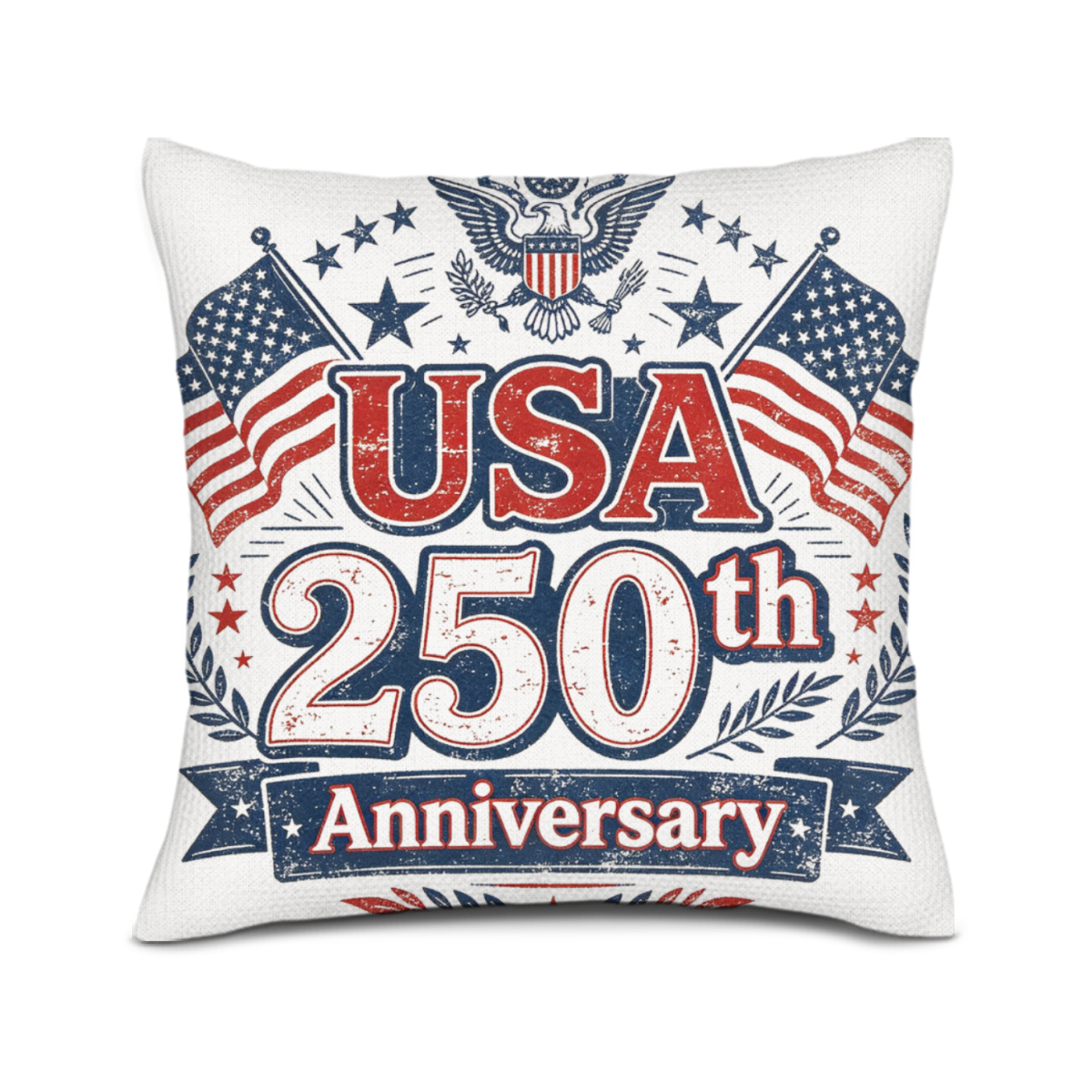 White linen cushion case with vintage distressed eagle, double US flag & USA 250th Anniversary front print