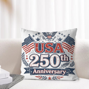 Patriotic eagle flag print pillow cover arranged on indoor sofa for home styling showcase