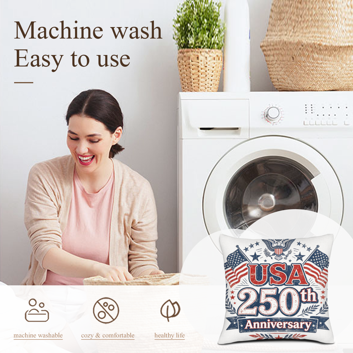 Machine washable feature introduction of USA 250th anniversary decorative cushion cover