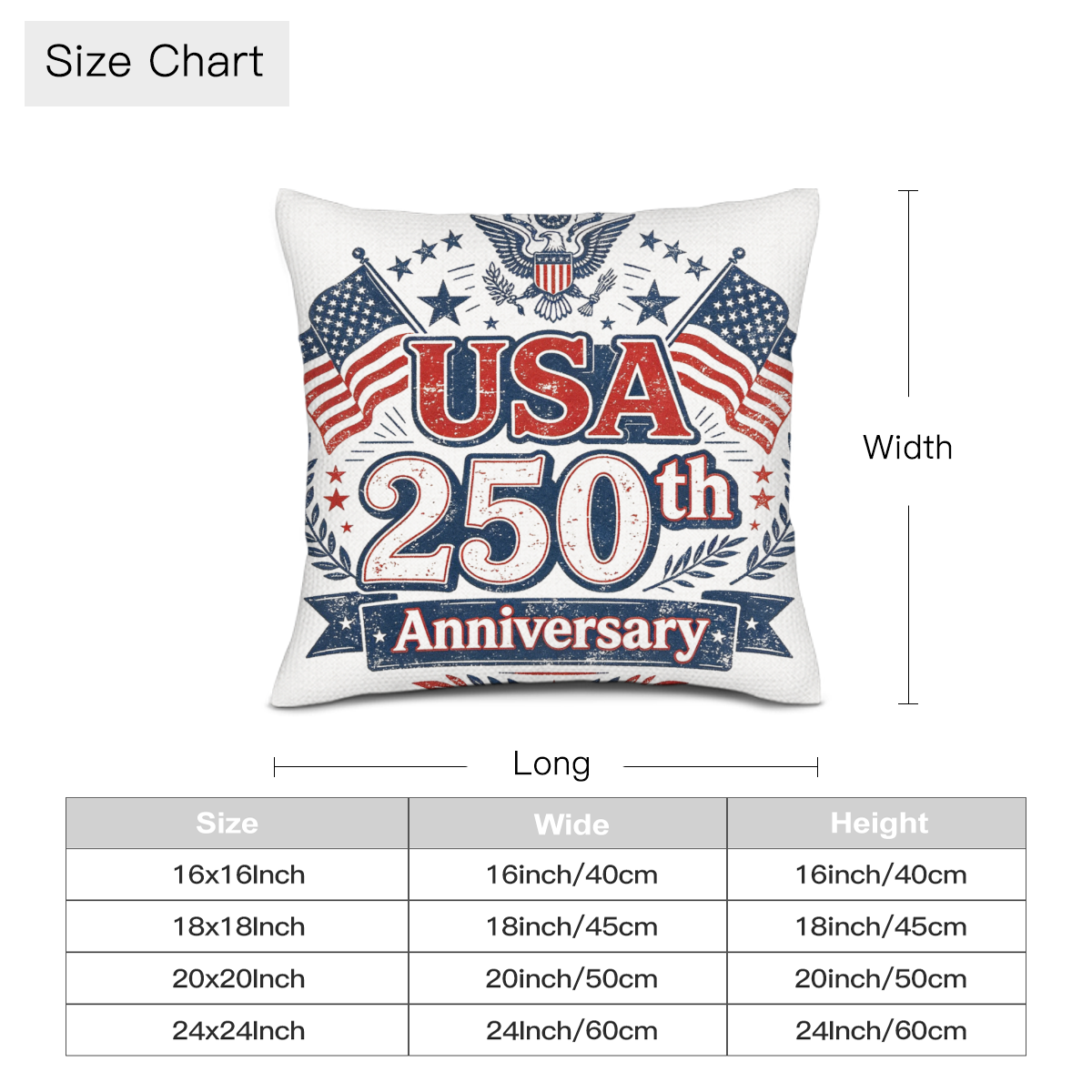 Size specification table with 16/18/20/24 inch options for eagle USA 250th patriotic linen pillow cover