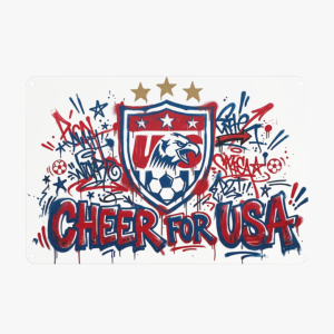 Flat lay rectangular tin sign, vibrant graffiti art "CHEER FOR USA", center shield logo with bald eagle, soccer ball and US stars, surrounded by spray tags, star splatters and football motifs for World Cup USA fans