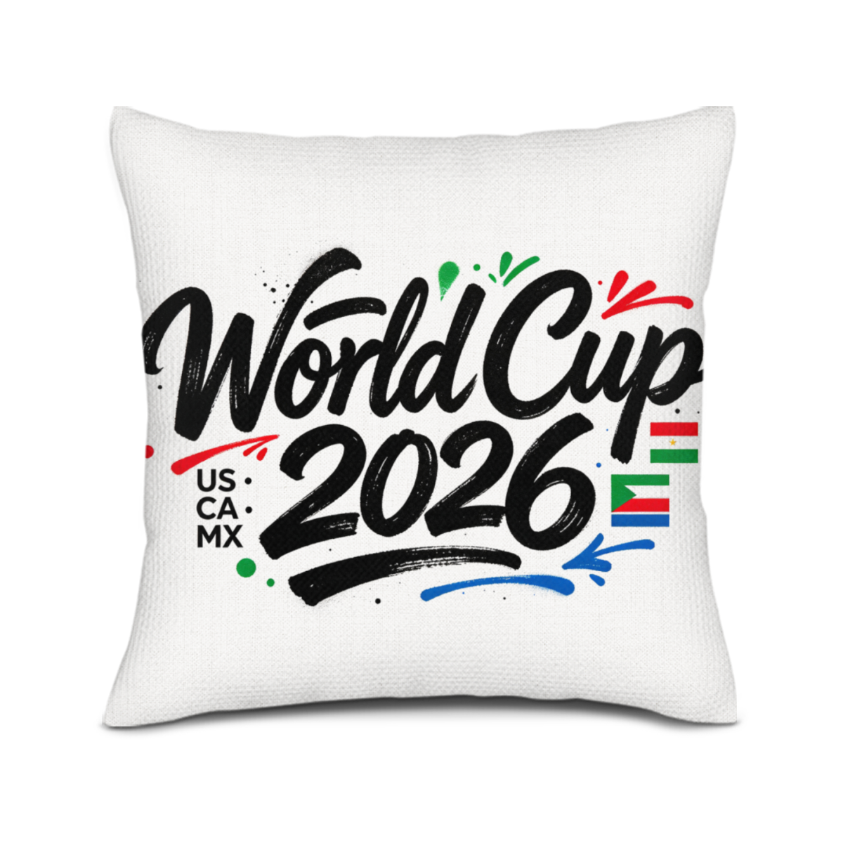 Close-up of the pillow cover featuring a modern brushstroke print celebrating the 2026 World Cup, with "World Cup 2026" text, "US CA MX" abbreviations, and colorful flag-inspired accents.