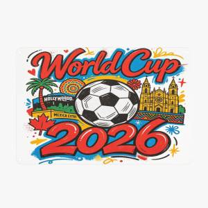 Vibrant cartoon graffiti 2026 FIFA World Cup metal tin sign, Hollywood Mexico City cathedral maple leaf football vintage iron wall art plaque